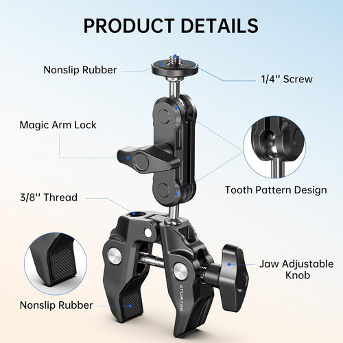 ATUMTEK Super Camera Clamp Mount with 1/4" and 3/8" Threads, Dual Ballhead Magic Arm 360° Ball Head Grip, Phone/Action Camera Mount Adapter for Canon Nikon DSLR Camera, GoPro/Insta360/INSTAX/DJI