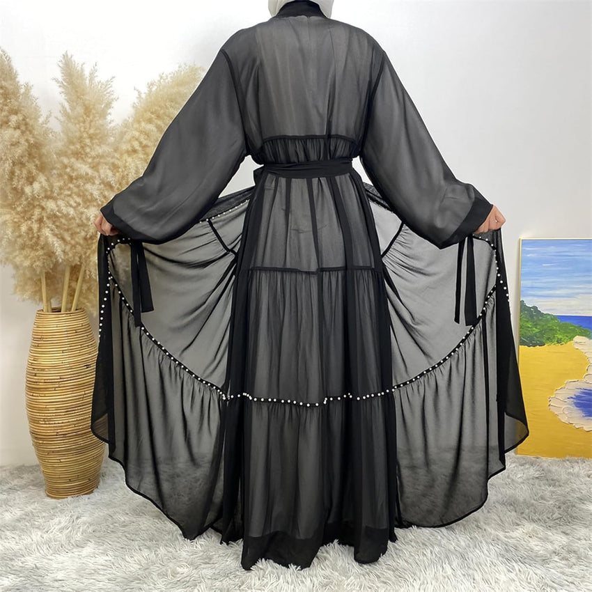 Abayas For Women Muslim Ramadan Long Sleeve Open Front Imitation Pearls Tiered Chiffon Dress Cardigan with Belt Dubai Kaftan