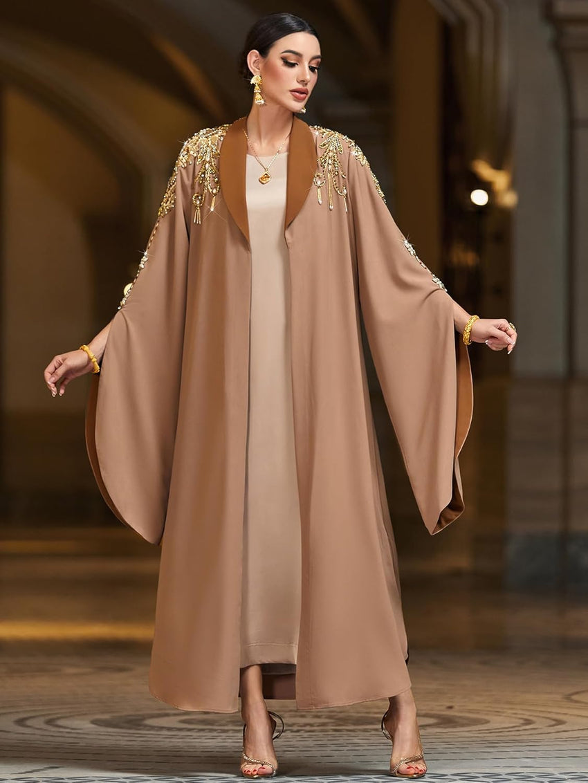 Handmade Beaded Kaftan Open Front Abaya Long Sleeve Maxi Dress, NO INNER, Arabian Robe for Casual Festival Gathering Travel