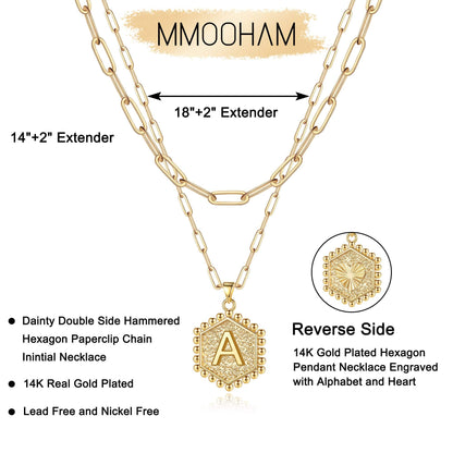 M MOOHAM Dainty Initial Necklaces for Women, 14K-Gold-Plated Layering Necklace for Women Cute Hexagon Letter Initial Necklace Layered Necklaces for Womens Teen Girl Gifts