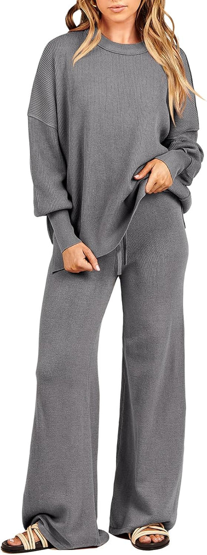 ANRABESS Womens 2 Piece Outfits Fall Lounge Set 2025 Oversized Chunky Knit Sweater Top Wide Leg Pants Loungewear Clothes