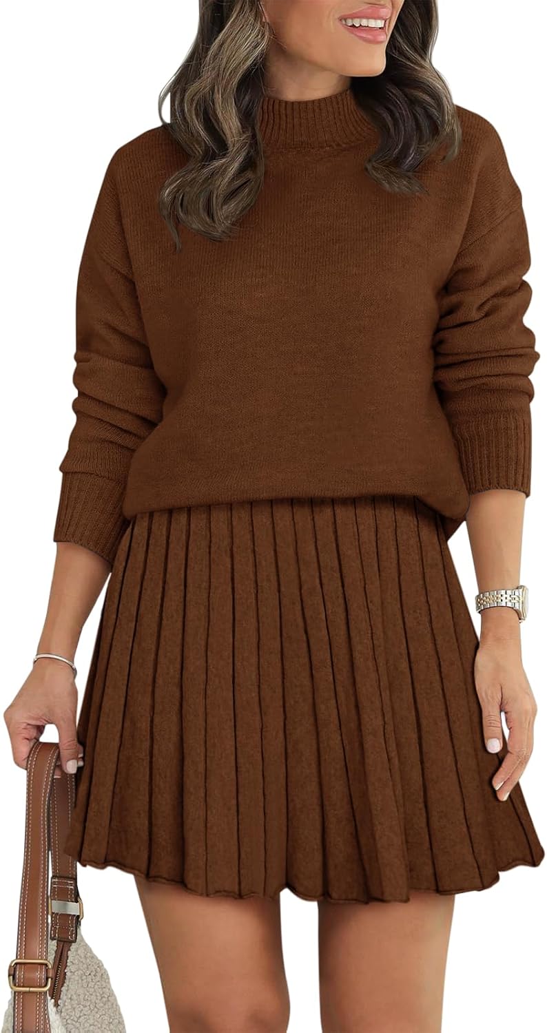 Women's Two Piece Outfits Turtleneck Long Sleeve Ribbed Knit Tops Pleated Mini Skirt 2025 Casual Sweater Sets