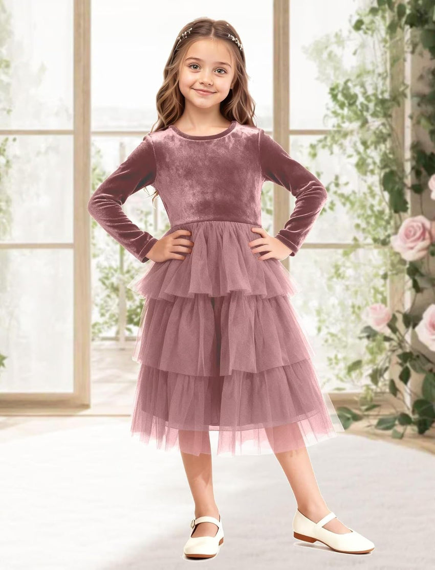 Christmas Dress Girls Velvet Tulle Puffy Long Sleeve Formal Party Dresses Princess Birthday Wedding Guest Dress