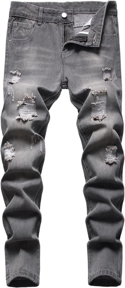 HENGAO Boy's Distressed Ripped Skinny Jeans