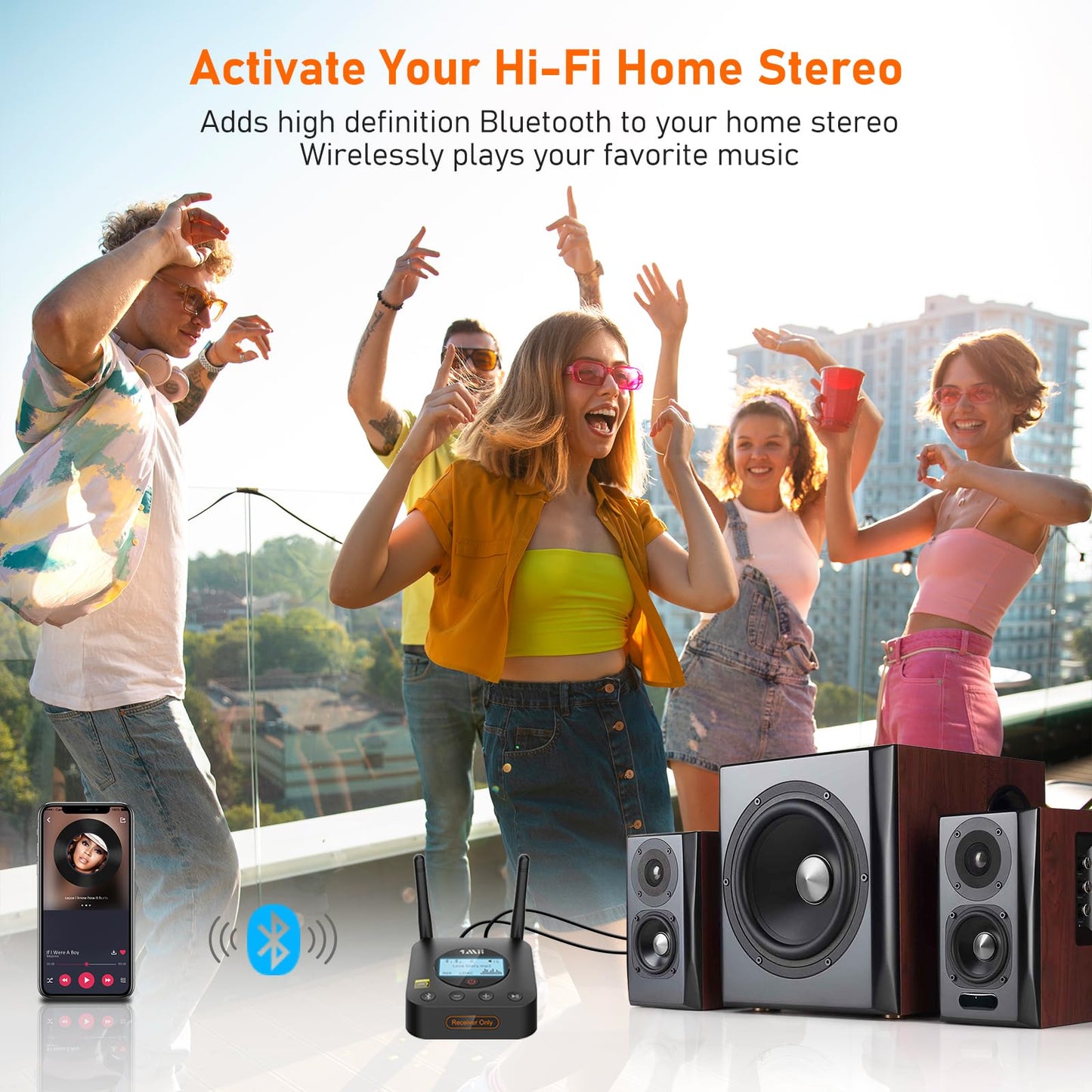 [Upgraded] 1Mii B06Pro Long Range Bluetooth Receiver, HiFi Wireless Audio Adapter, Bluetooth 5.1 Receiver with 3D Surround aptX HD Low Latency Optical RCA AUX 3.5mm Coaxial for Home Stereo System
