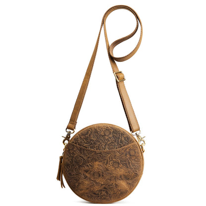 S-ZONE Leather Crossbody Bags for Women Circle Shoulder Round Purse Travel | Top Grain Leather, Keychain, Designer Handbag, Vintage, Multi Pockets, Detachable Strap, Eveyday Outing