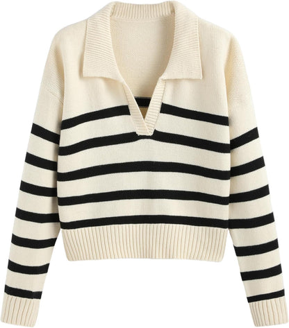 CIDER Women’s Polo Sweater Striped Collared Lightweight Long Sleeve V Neck Pullover Fall Sweater Tops 2025