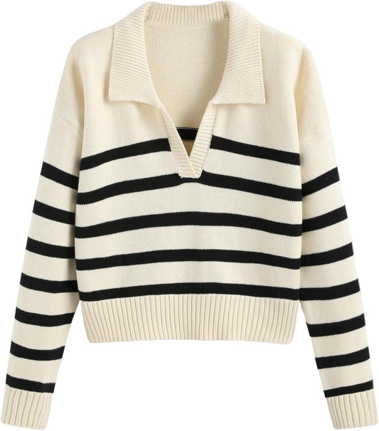 CIDER Women’s Polo Sweater Striped Collared Lightweight Long Sleeve V Neck Pullover Fall Sweater Tops 2025