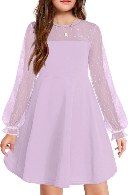 Arshiner Girl's Contrast Mesh Puff Long Sleeve High Waist A Line Short Dress with Pockets for 6-13 Years