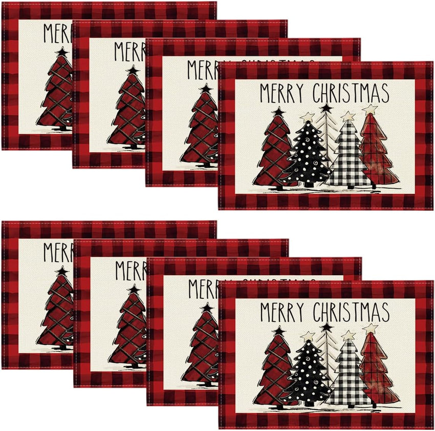 Artoid Mode Waterclor Buffalo Plaid Christmas Trees Placemats Set of 4, 12x18 Inch Winter Table Mats for Outdoor Home Party Kitchen Dining Decor