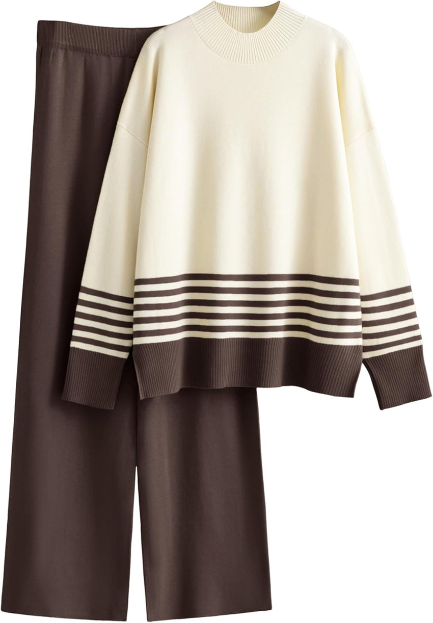 Tanming Women's Lounge Sets 2 Piece Outfits Knitted Pullover Sweater Tops Wide Leg Pants Tracksuit