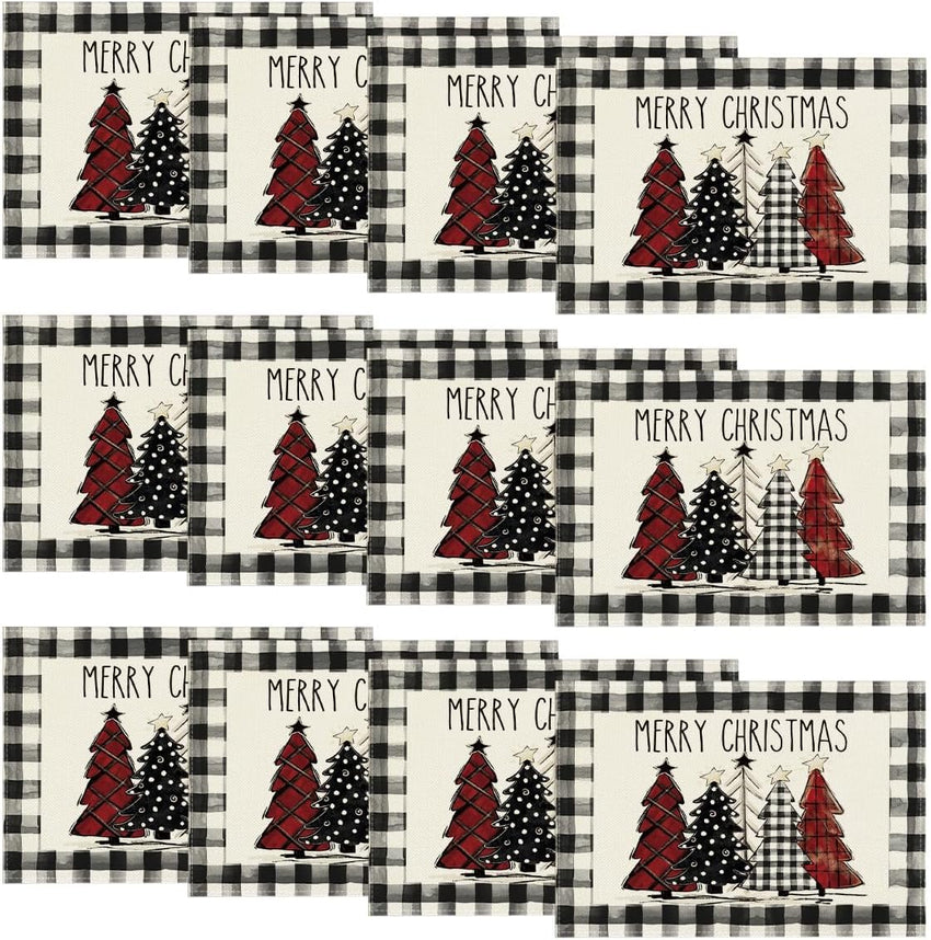 Artoid Mode Waterclor Buffalo Plaid Christmas Trees Placemats Set of 4, 12x18 Inch Winter Table Mats for Outdoor Home Party Kitchen Dining Decor