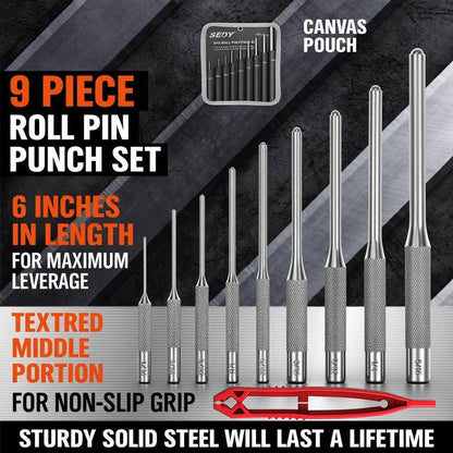 9-Piece Roll Pin Punch Set - Fast Pin Removal - Durable Steel & Construction - For Automotive, Firearm Maintenance, Watch, Jewelry & Craft Repair - Knurled Grip - Versatile Sizes