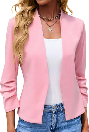 Mina Self 2025 Fall Women's 3/4 Ruched Sleeve Blazer - Cropped Open Front Collarless Casual Light Office Work Jacket Cardigan