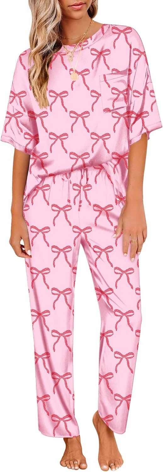 Ekouaer Womens Satin Silky Pajama Set Short Sleeve Shirt with Long Pajama Pant Set Soft PJ Loungewear