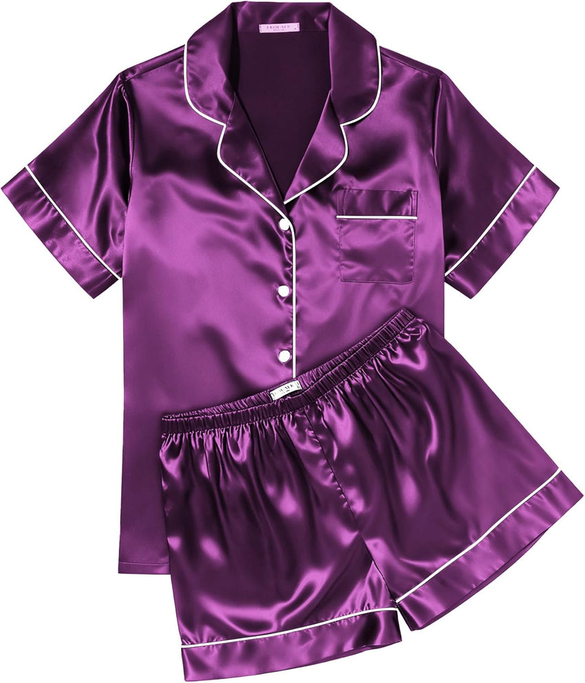 Ekouaer Womens Silk Satin Pajama Sets Soft Short Sleeve Button Down Sleepwear Top and Shorts 2 Piece Pjs Lounge Set