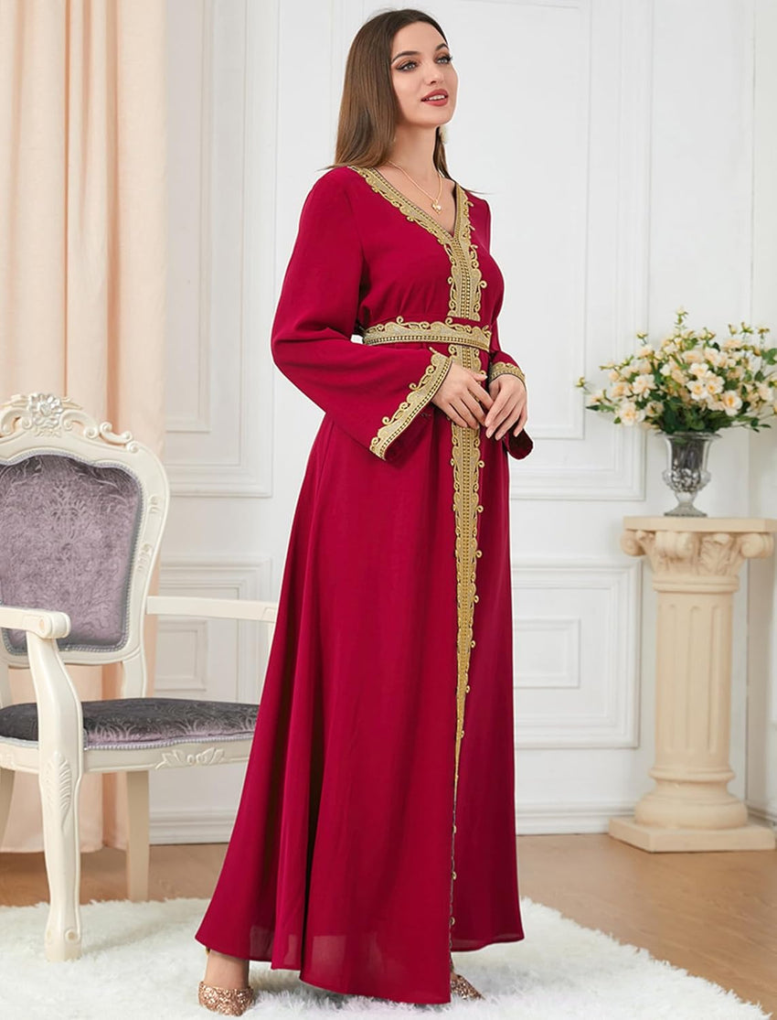 Muslim Kaftan Abaya Moroccan Long Sleeve Dress for Eid Ramadan V Neck Lace Belted Dress Kaftan Dubai Islamic Dress