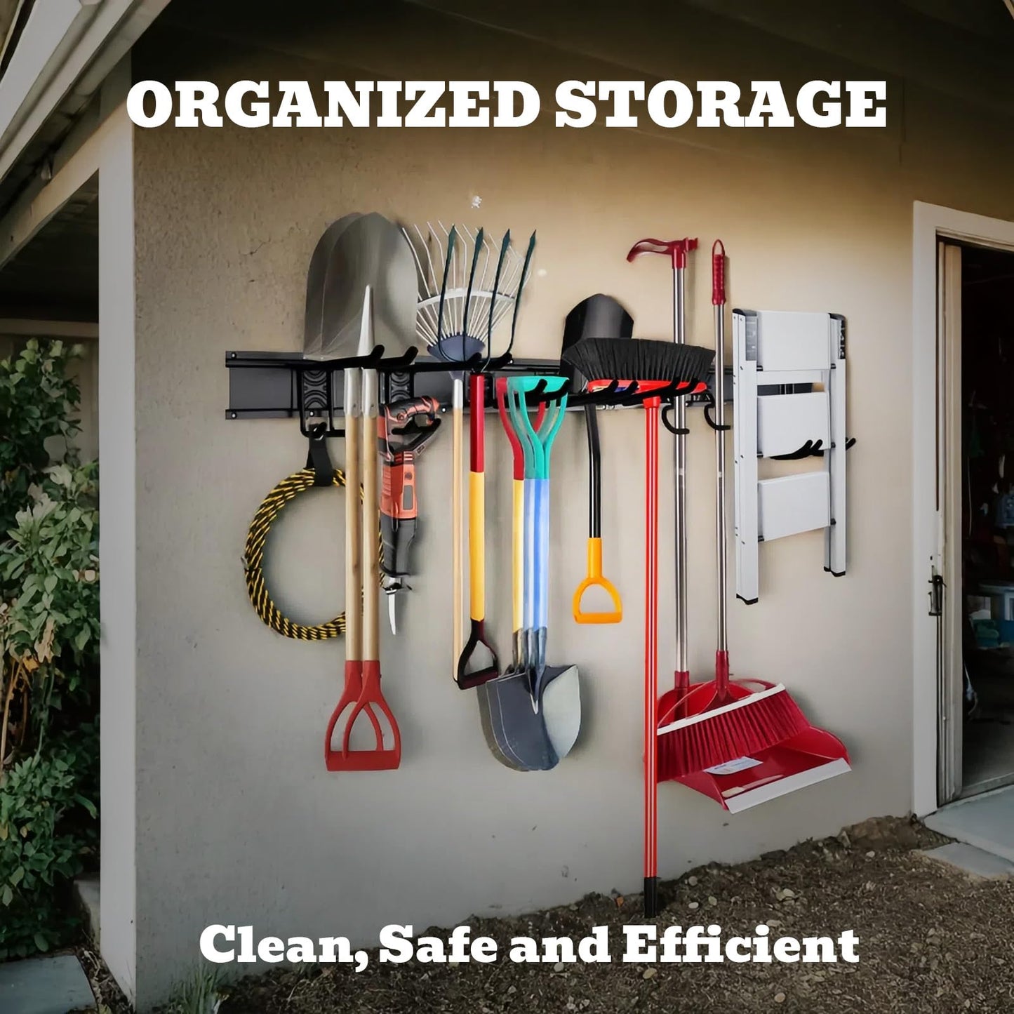 48" Heavy Duty Garage Wall Organizer, Wall Mount Tool Storage Rack with Adjustable Hooks, Garden Tool Organizer Hold Up to 300lbs, Easy Installation (3 Panels, 8 Hooks, 3 Straps)