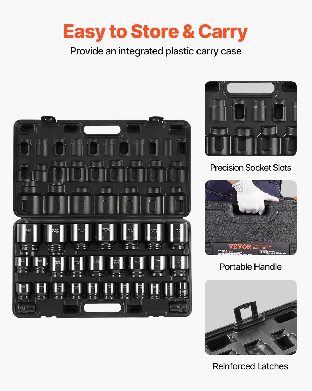 VEVOR Impact Socket Set 3/4 Inches 29 Piece Impact Sockets, 6-Point Sockets, Rugged Construction, CR-M0, 3/4 Inches Drive Socket Set Impact SAE 3/4 inch - 2-1/2 inch, with a Storage Cage