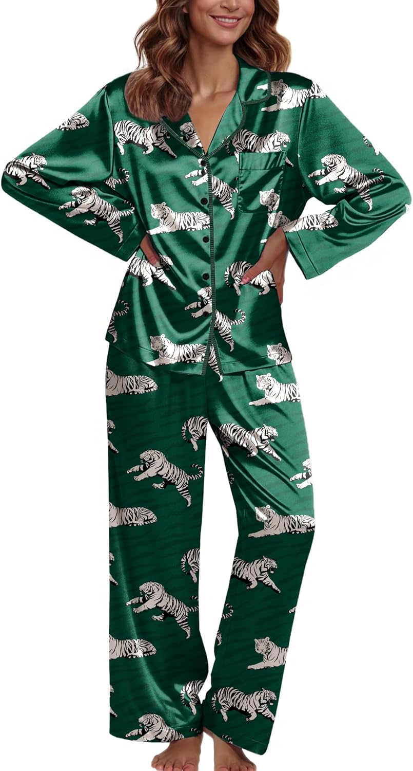 Ekouaer Pajamas For Women Set Silk Pjs 2 Piece Satin Sleepwear Long Sleeve Button Down Lounge Sets With Pant