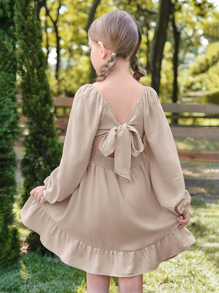 Batermoon Girls Long Sleeve Tie Back Dress Kids Fall Square Neck A-Line Mini Dresses 5-14 Years