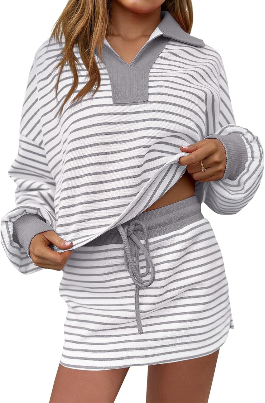 Womens 2 Piece Set Striped Sweatshirt Skirt Set Casual Long Sleeve Skort Workout Matching Lounge Set with Pockets