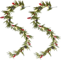 Christmas Garland 6FT 20 LED Bulbs Cypress Pine Garland with Lights Battery Operated with Timer Bells Red Berries Pinecones Green Garlands Decoration for Xmas Holiday Thanksgiving New Year Home Decor