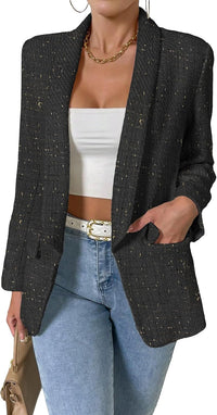 2024 Fall Tweed Blazer Jackets for Women Shawl Lapel Long Sleeve Open Front Fashion Business Casual Suit with Pockets