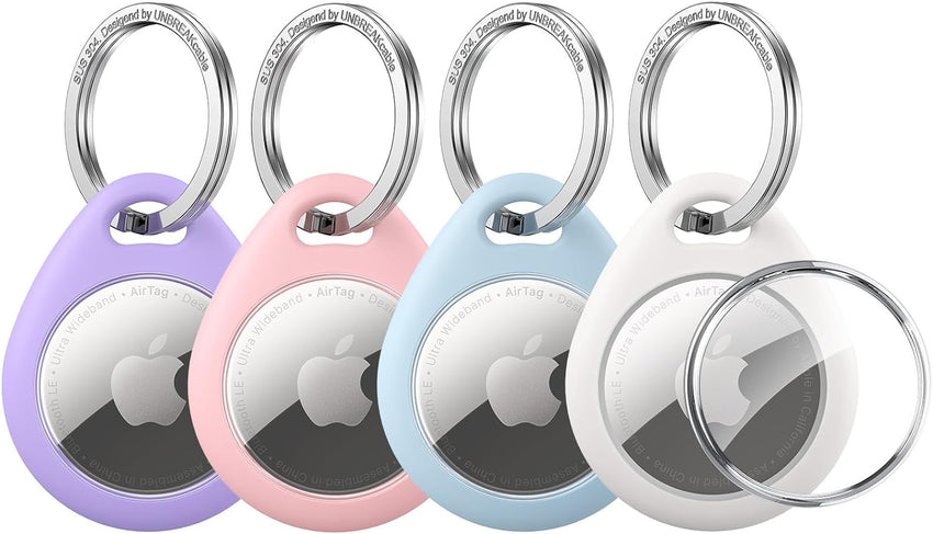 UNBREAKcable AirTag Holder for Apple - 4 Pack Air Tag Case [Fit Tightly Design] [Easy to Install] [Hold Securely] Waterproof TPU Protective Cover with Metal Keychain for Kids,Pet,Luggage,Backpack,Keys