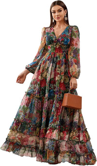 Summer Casual Dresses for Women 2024 Spring Fashion Boho V Neck Long Sleeve Ruffle Floral Print Elegant Maxi Dress
