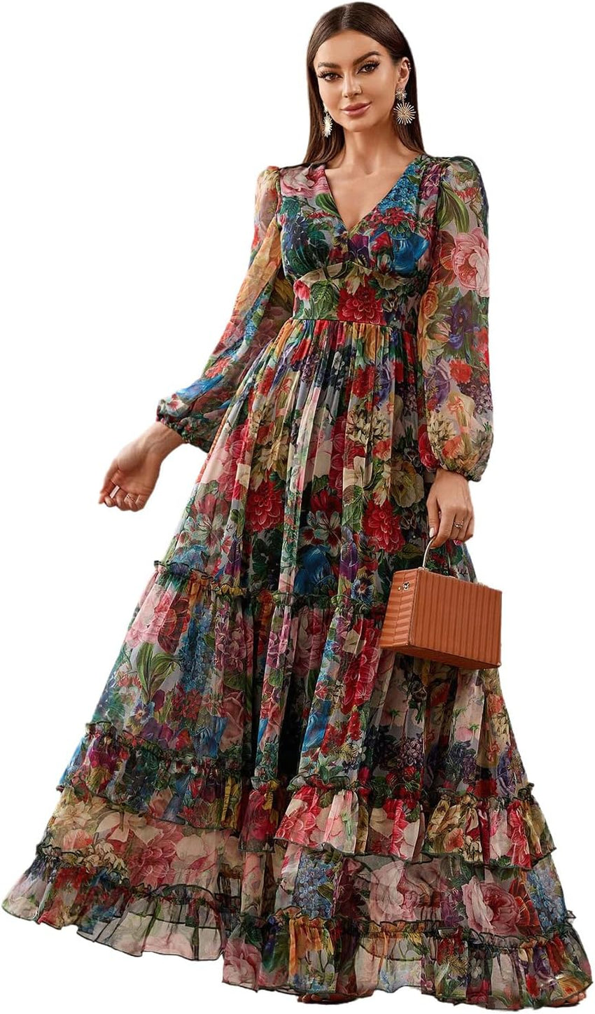 Summer Casual Dresses for Women 2024 Spring Fashion Boho V Neck Long Sleeve Ruffle Floral Print Elegant Maxi Dress