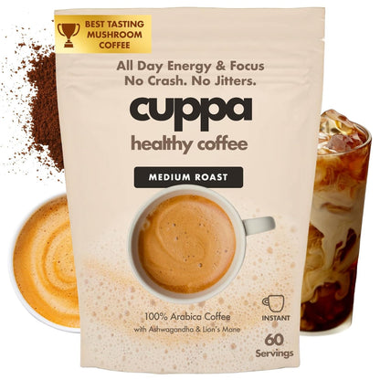 Cuppa Healthy Mushroom Insant Coffee with Lion's Mane & Ashwagandha for All Day Energy & Focus - No Crash or Jitters - Nootropics for Brain Health, Gut Health, Immunity, Stress, Memory + Mood (30 Servings, Medium Roast)