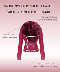Bellivera Women Faux Leather Suede Jacket Moto Biker Coat Sherpa-Lined Overcoat with Removable Belt