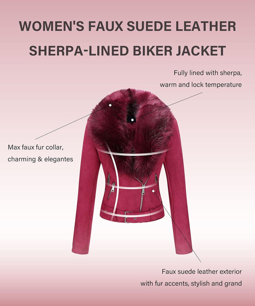 Bellivera Women Faux Leather Suede Jacket Moto Biker Coat Sherpa-Lined Overcoat with Removable Belt