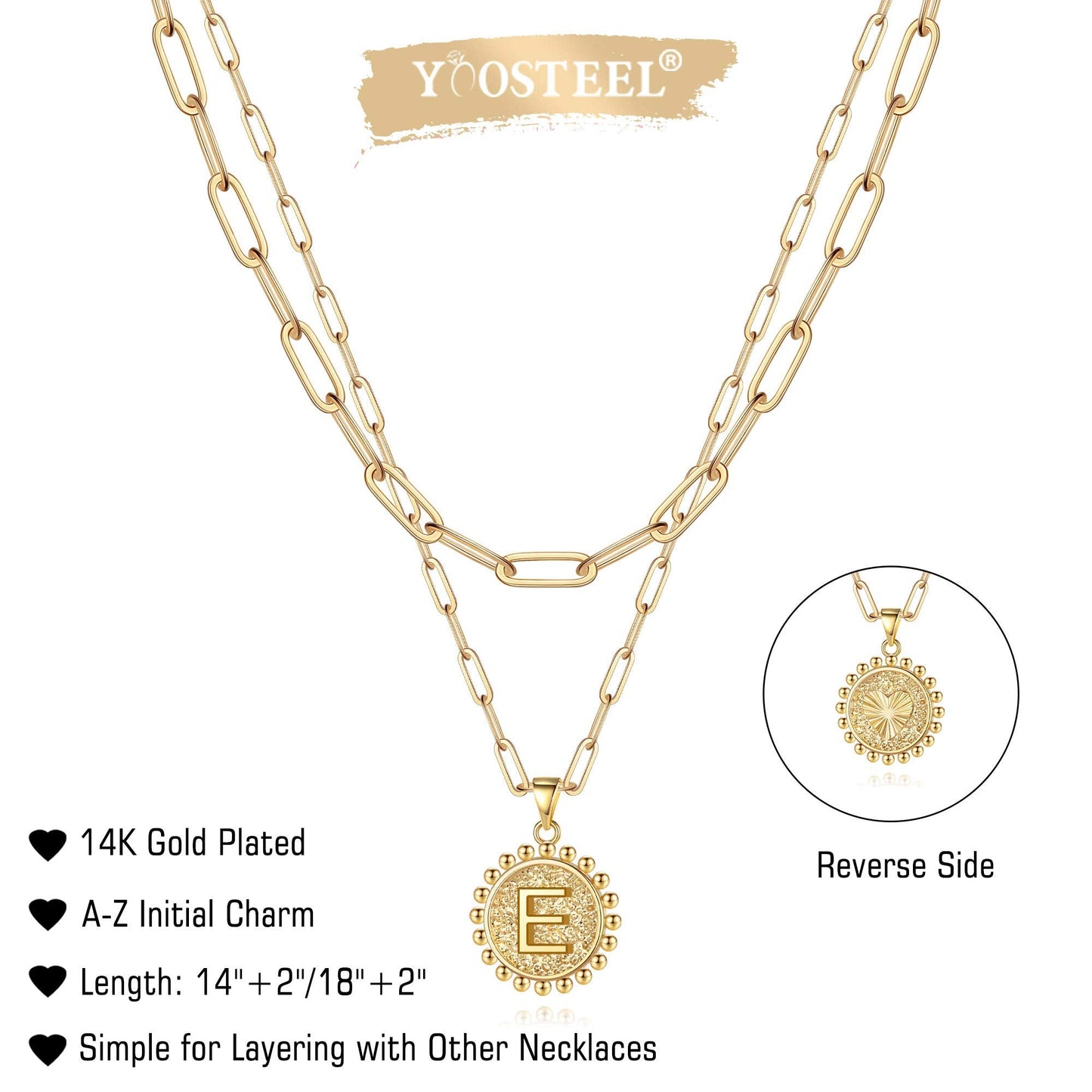 Yoosteel Layered Initial Necklaces for Women Trendy - 14K Gold-Plated Dainty Layering Paperclip Chain Coin Initial Necklace Jewelry Gifts for Women Mom Wife Teen Girls