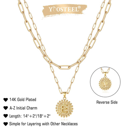 Yoosteel Layered Initial Necklaces for Women Trendy - 14K Gold-Plated Dainty Layering Paperclip Chain Coin Initial Necklace Jewelry Gifts for Women Mom Wife Teen Girls