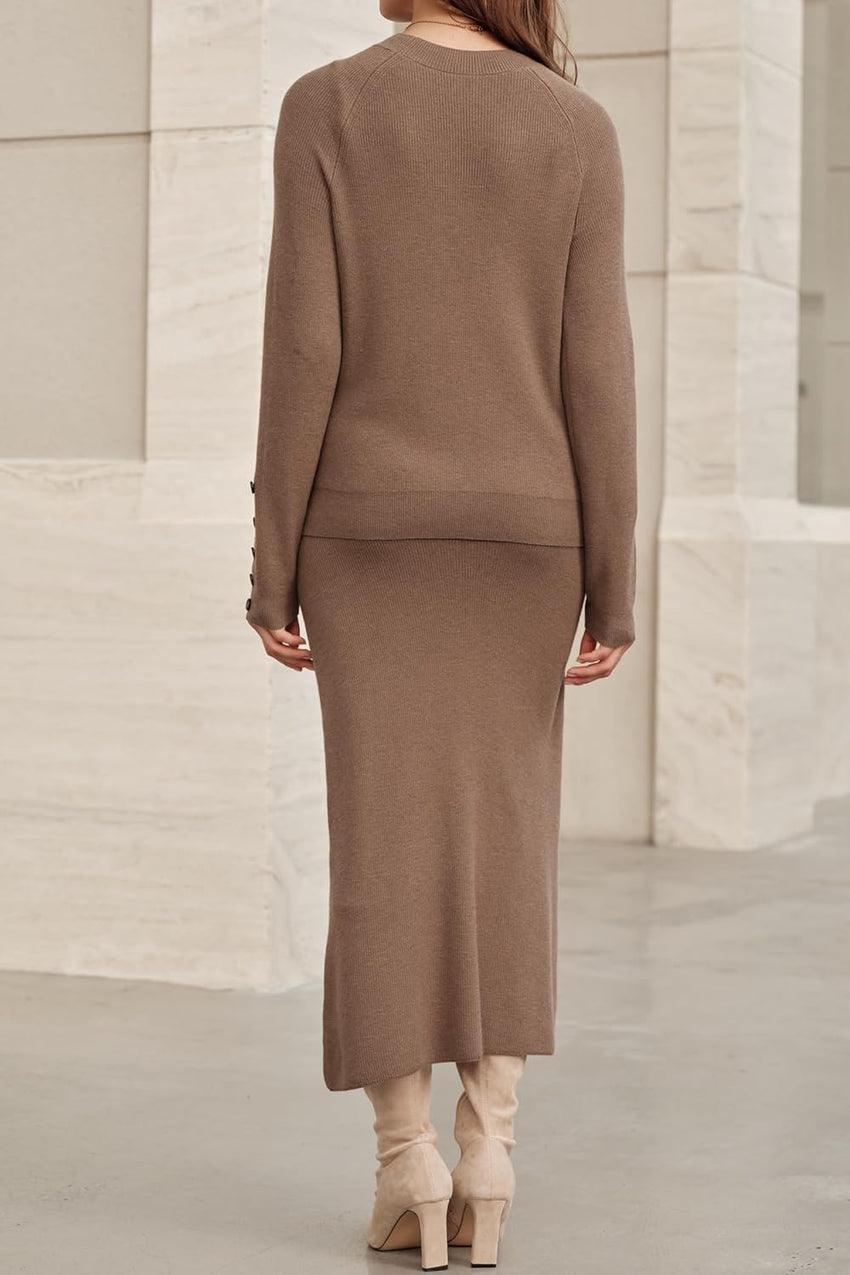 Arach&Cloz Women's Wool Blend Sweater 2 Piece Sets Winter Business Long Sleeve Top Midi Skirts Outfits 2025