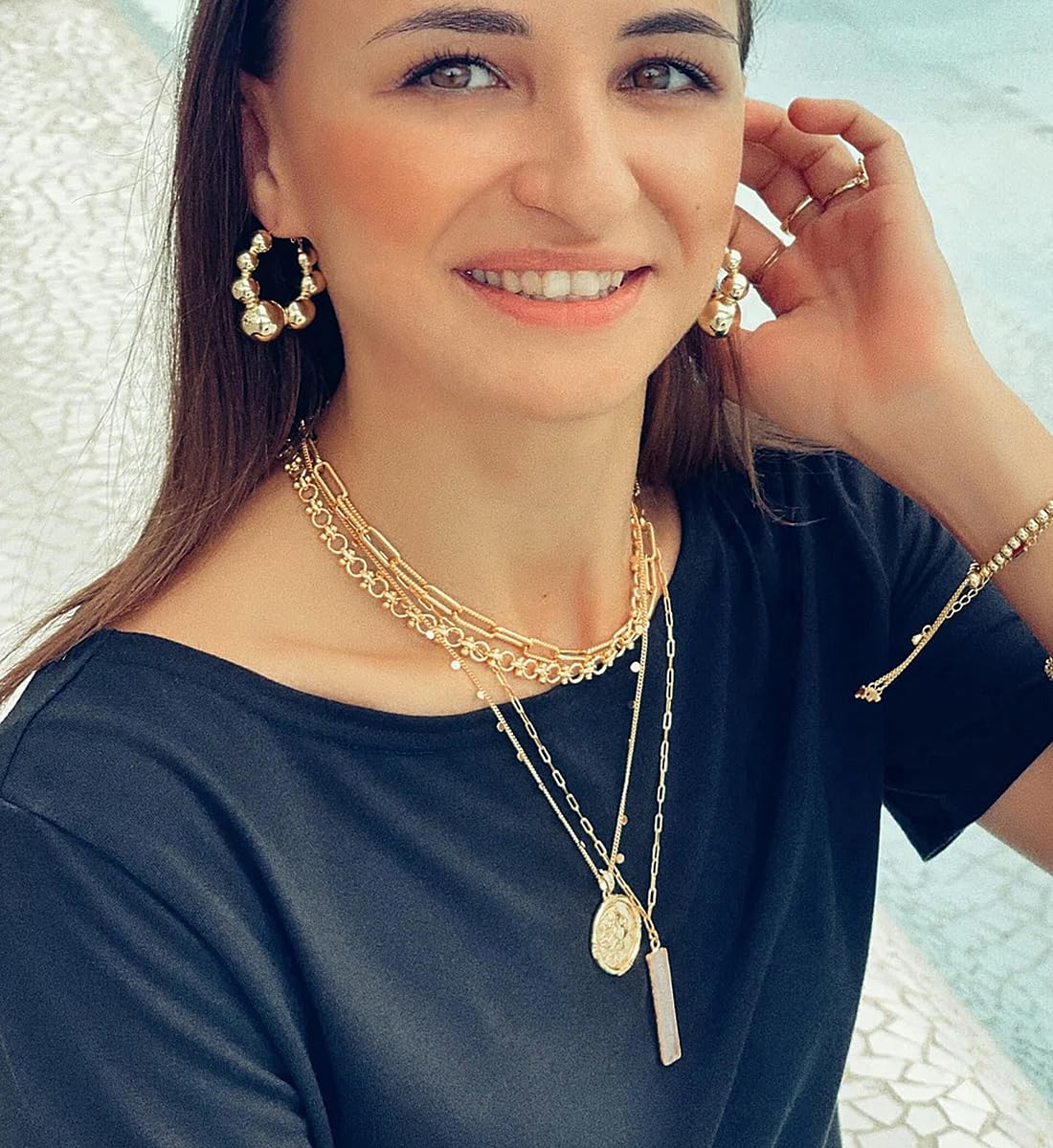 Aobei Pearl 18K Gold Plated Paperclip Chain Choker Satellite Chain Freshwater Cultured Biwa Pearl Pendant Necklace Dainty Turquoise Jewelry for Women