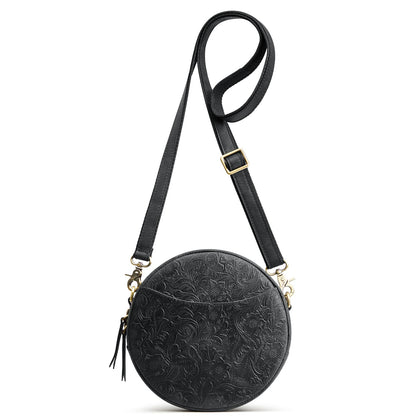 S-ZONE Leather Crossbody Bags for Women Circle Shoulder Round Purse Travel | Top Grain Leather, Keychain, Designer Handbag, Vintage, Multi Pockets, Detachable Strap, Eveyday Outing