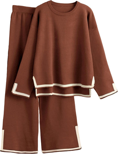 Tanming Women's 2 Piece Outfits Long Sleeve Knit Sweater Top Wide Leg Pants Lounge Sets Tracksuits