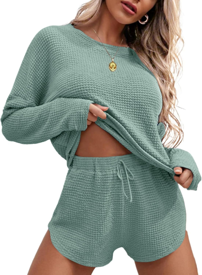 Ekouaer Womens Waffle Knit Pajama Sets Long Sleeve Top and Shorts Matching Lounge Set Loungewear Sweatsuit with Pockets