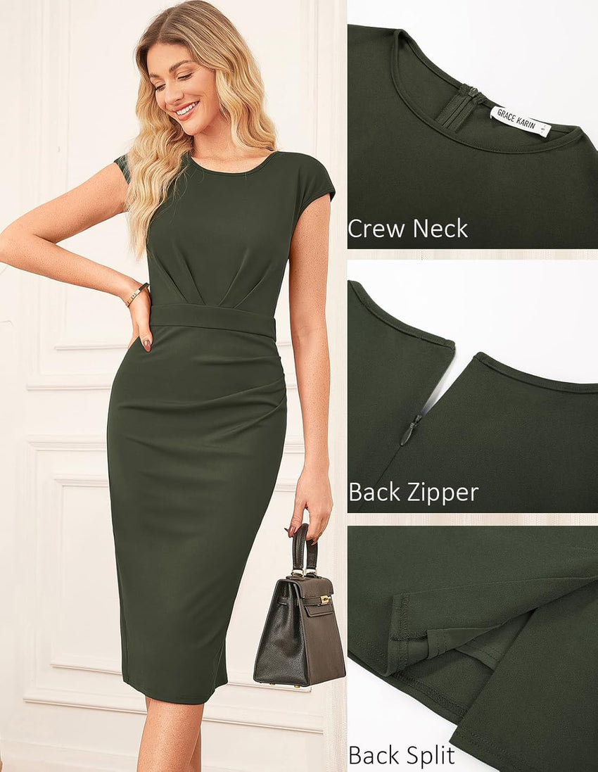 GRACE KARIN Women's Wear to Work Dresses 2025 Cap Sleeve Sheath Bodycon Midi Dress Ruched Business Office Pencil Dress