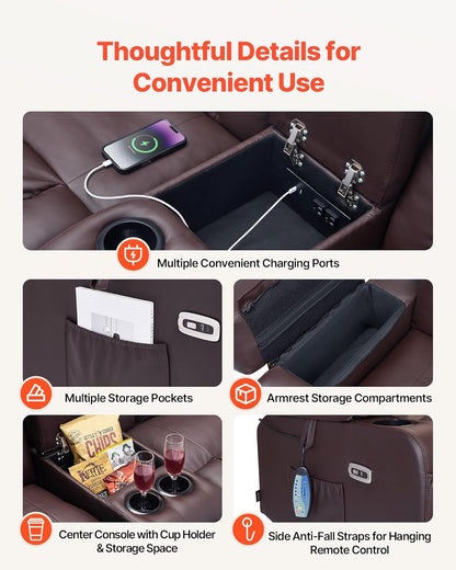 VEVOR Loveseat Recliner Sofa with Massage & Heat, Power Reclining Couch with Console, PU Leather Electric RV Sofa with USB & Outlet/Storage/Cup Holders/Pockets, Home Theater Seating for Living Room