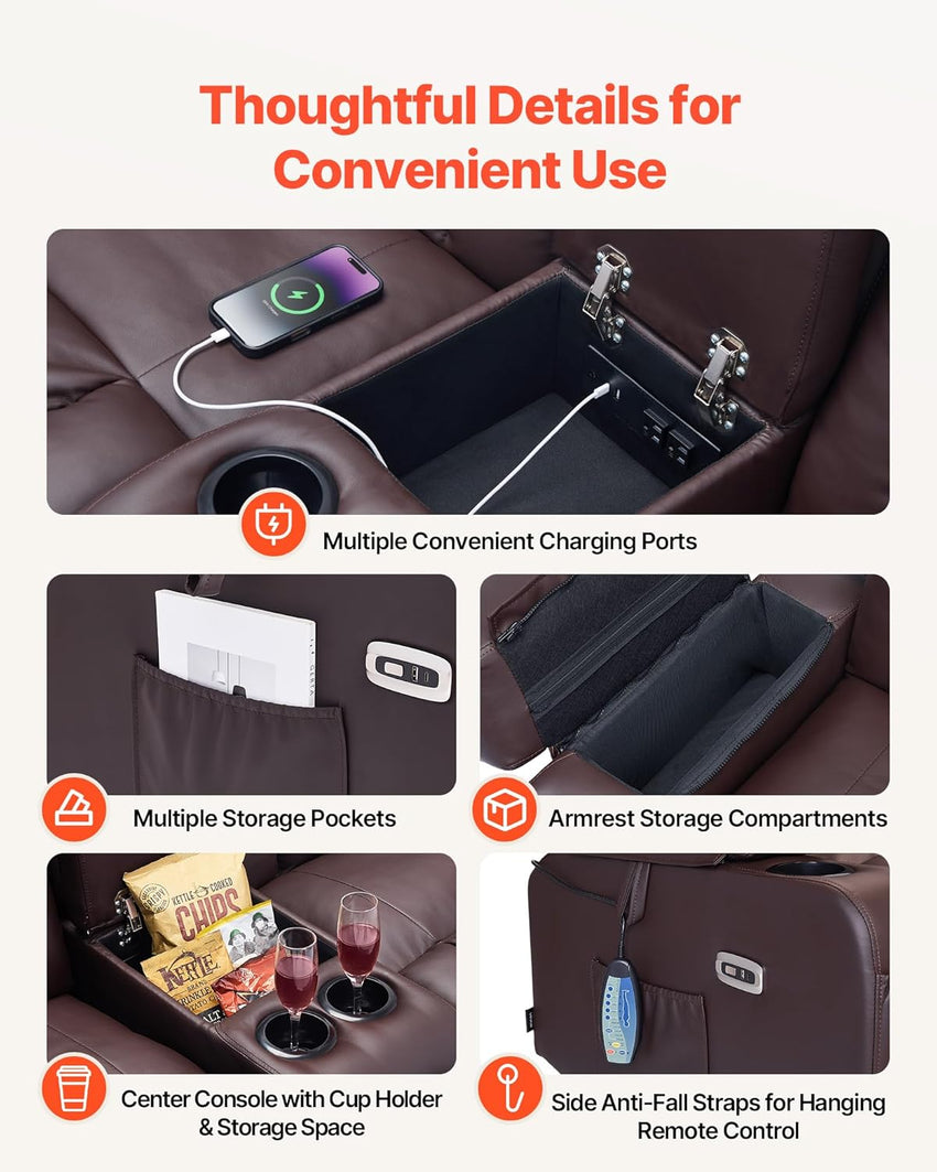 VEVOR Loveseat Recliner Sofa with Massage & Heat, Power Reclining Couch with Console, PU Leather Electric RV Sofa with USB & Outlet/Storage/Cup Holders/Pockets, Home Theater Seating for Living Room