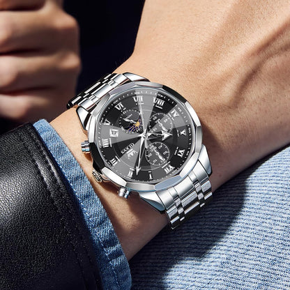 OLEVS Watches Men Luxury Chronograph Moon Phase Waterproof Luminous Watches for Men Analog Quartz Calendar Stainless Steel Strap Wrist Watches-(Black/Blue/Gold/Grey/Silver Face)