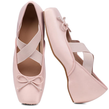 Women's Ballet Flats Square Toe Criss Cross Straps with Bow Low Wedge Shoes