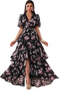 Summer Casual Dresses for Women 2024 Spring Fashion Boho V Neck Long Sleeve Ruffle Floral Print Elegant Maxi Dress