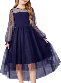 Arshiner Girls Dresses Contrast Mesh Long Sleeve Twirly High Low Birthday Party Formal Dress