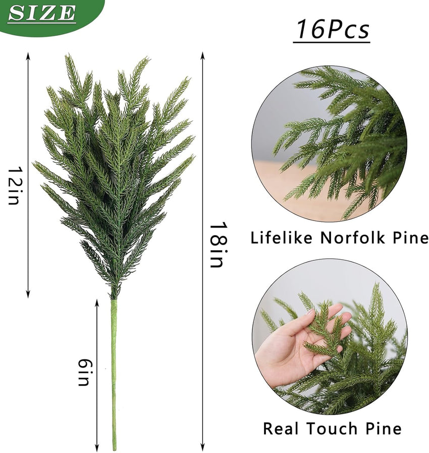 YXZZWL 16 Pcs Christmas Norfolk Pine Branches, 18 Inch Real Touch Artificial Norfolk Pine Branch Faux Cedar Pine Stem Fake Greenery Picks for Vase DIY Garland Wreath Home Decoration