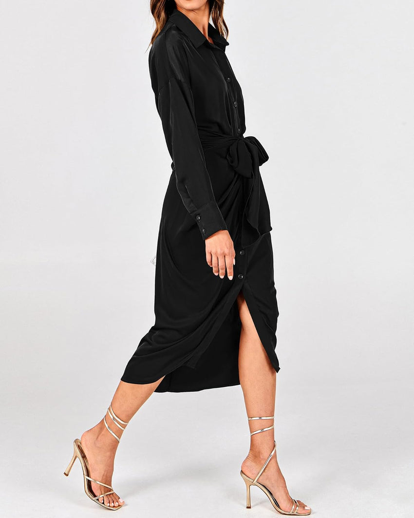 BTFBM Summer Dresses for Women 2025 Long Sleeve Lapel V Neck Button Down Elegant Belted Ruched Satin Shirt Fall Dress